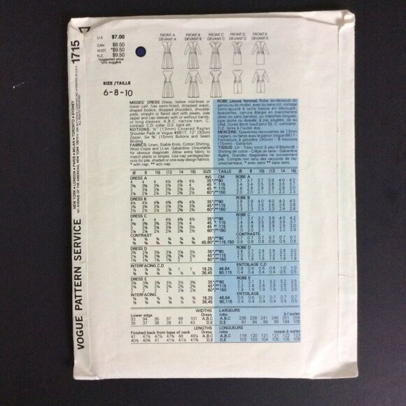 Vogue 1715 Misses Dress Sewing Pattern Size 6 8 10 Basic Design UNCUT Vtg 1986 - Picture 2 of 5